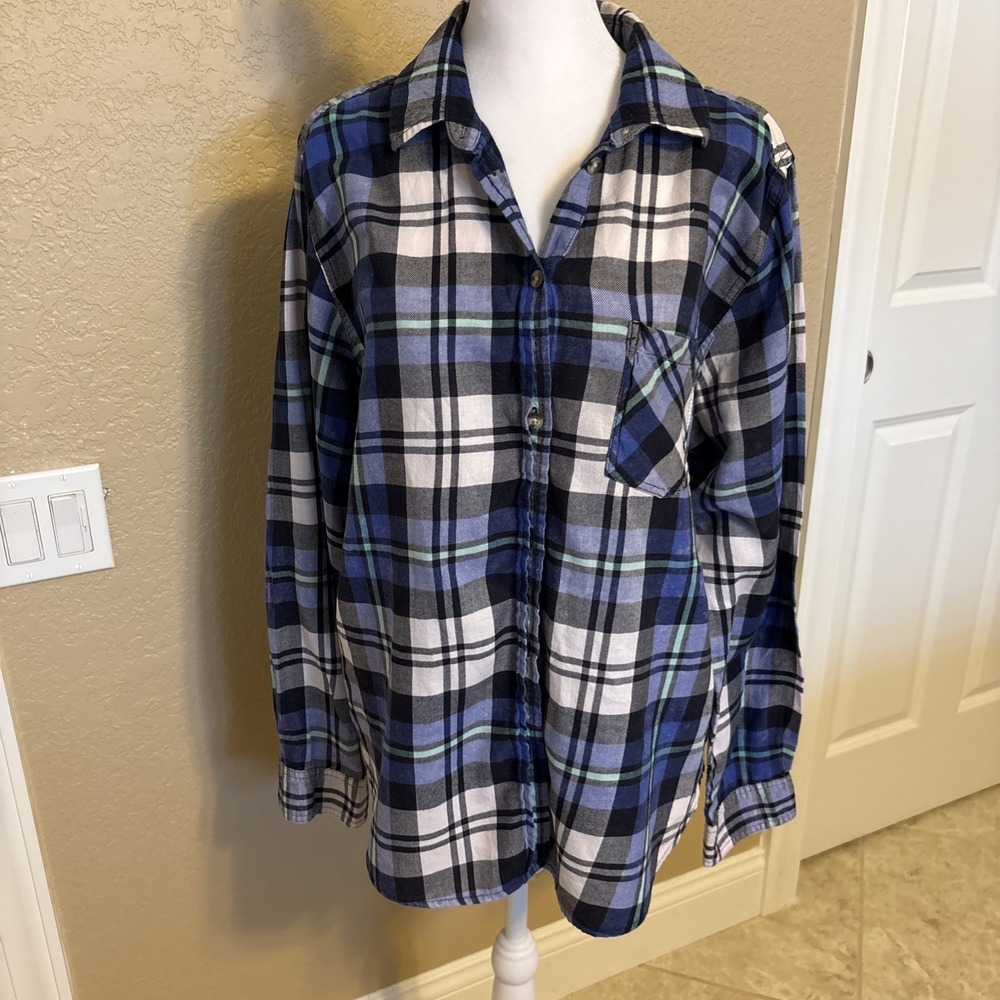 American Eagle Shirt Top‎ Women XL Blue White Plaid Flannel Boyfriend Button Up